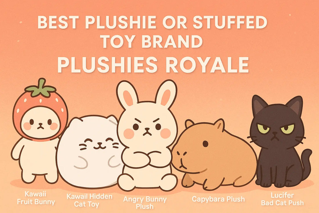 Cute plush toy lineup from Plushies Royale with brand title “Best Plushie or Stuffed Toy Brand.