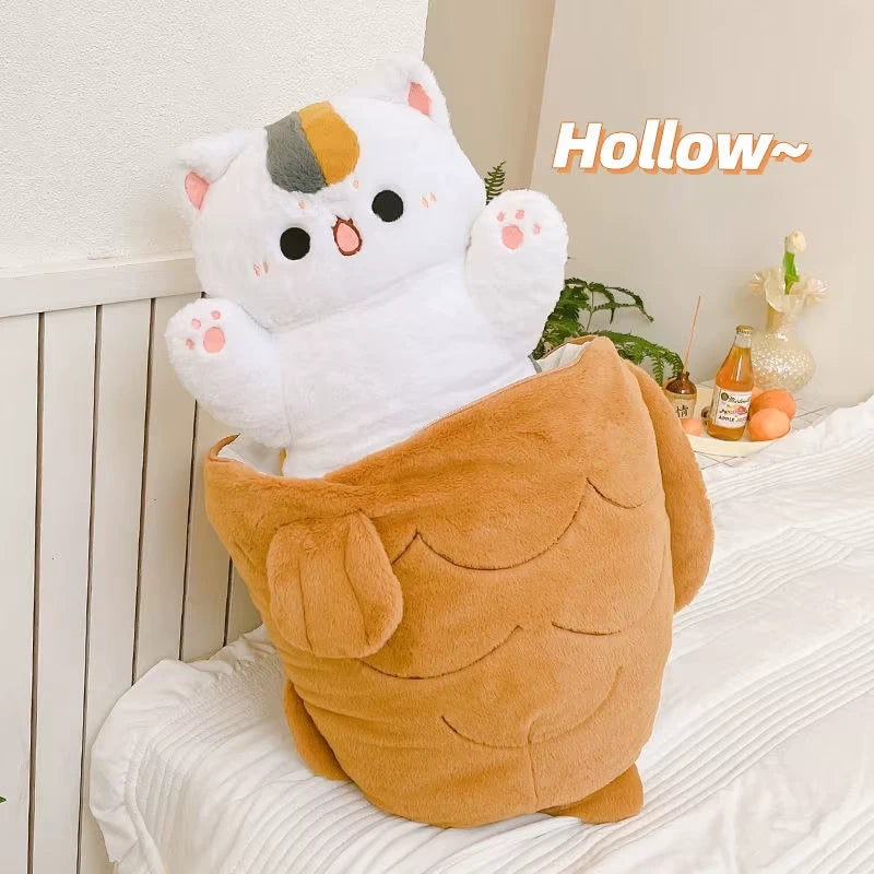 alt="Kawaii hidden cat plush toy with soft fabric, perfect as a cute surprise stuffed animal gift for kids, teens, or collectors"