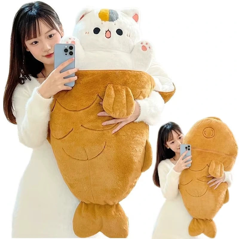 alt="Kawaii hidden cat plush toy with soft fabric, perfect as a cute surprise stuffed animal gift for kids, teens, or collectors"