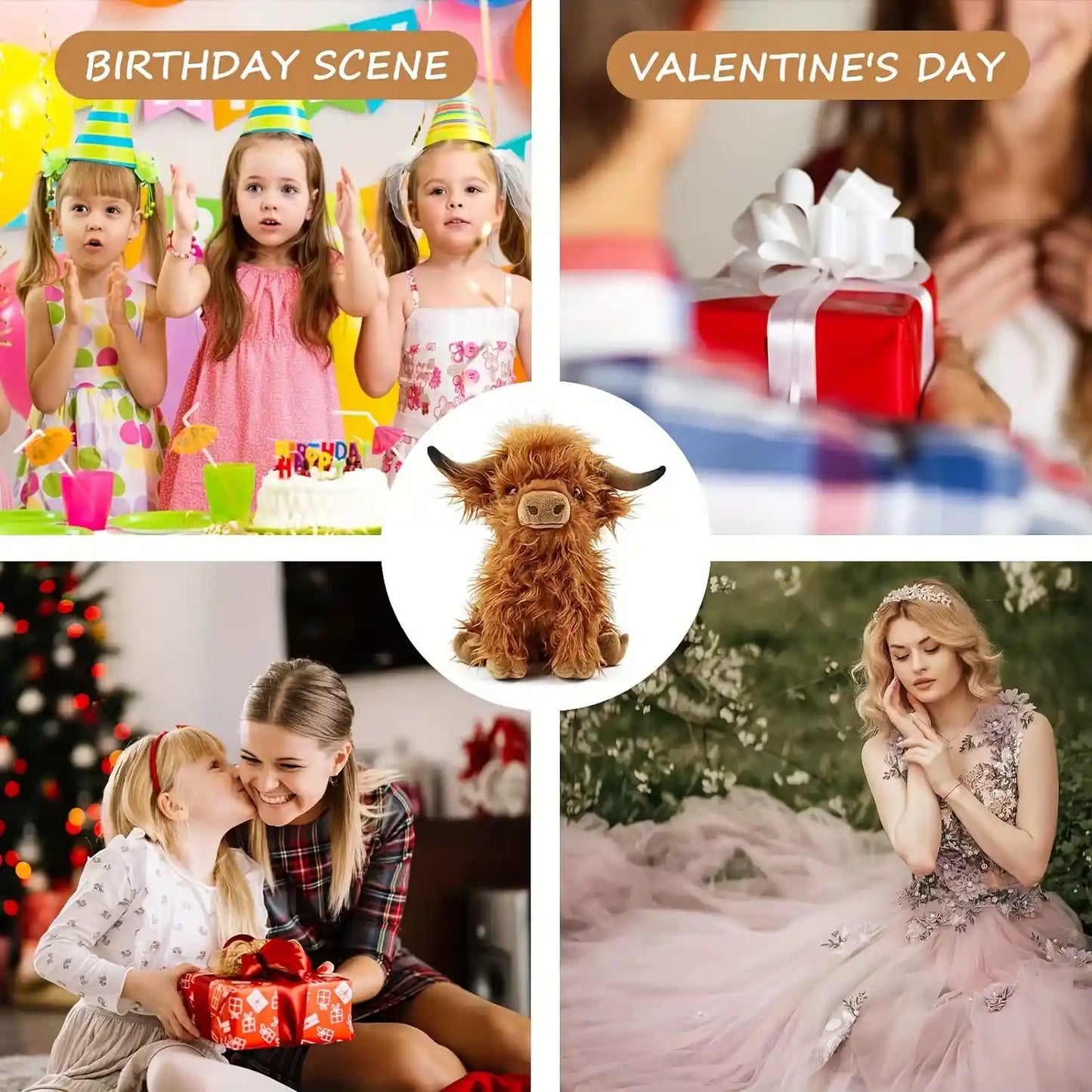 alt="Soft and cuddly Highland Cow plush toy, perfect as a cute stuffed animal gift for kids, collectors, or anyone who loves rustic charm"