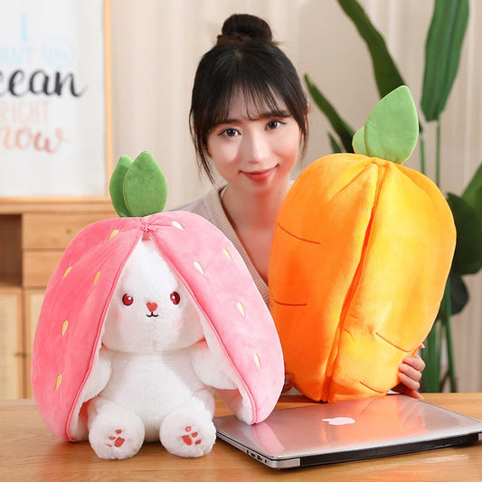 alt="Kawaii fruit-themed bunny plush toy in soft pink, perfect for cuddling or gifting"