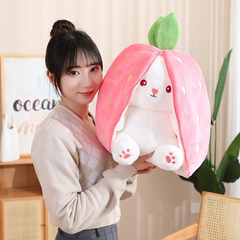 alt="Kawaii fruit-themed bunny plush toy in soft pink, perfect for cuddling or gifting"