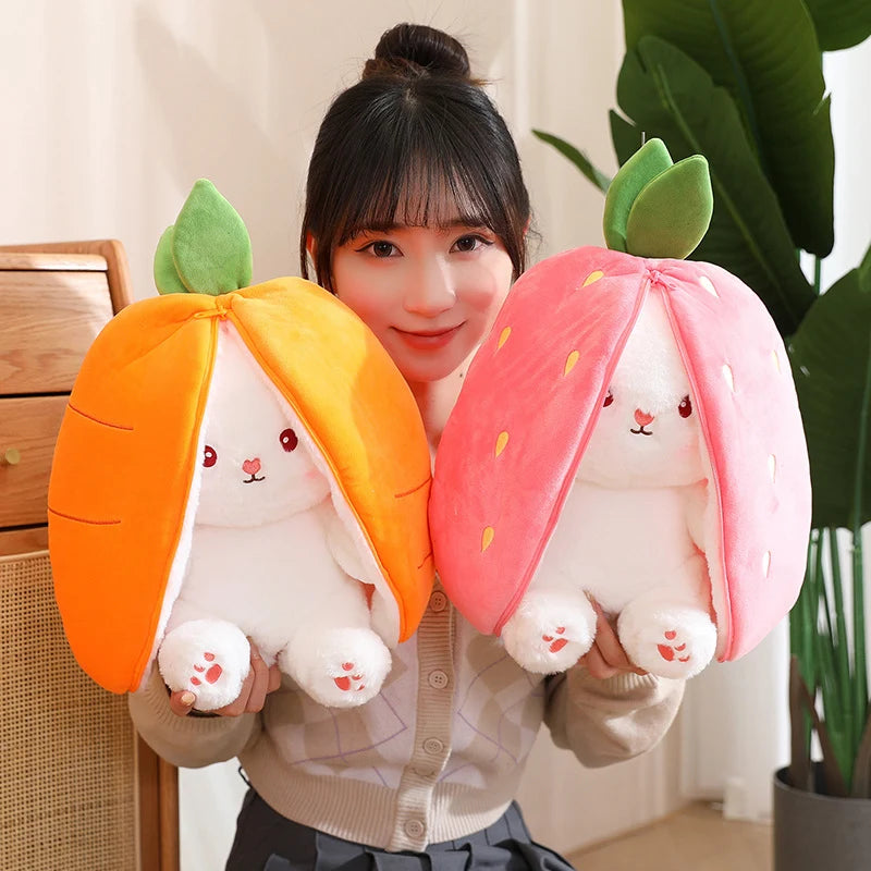 alt="Kawaii fruit-themed bunny plush toy in soft pink, perfect for cuddling or gifting"